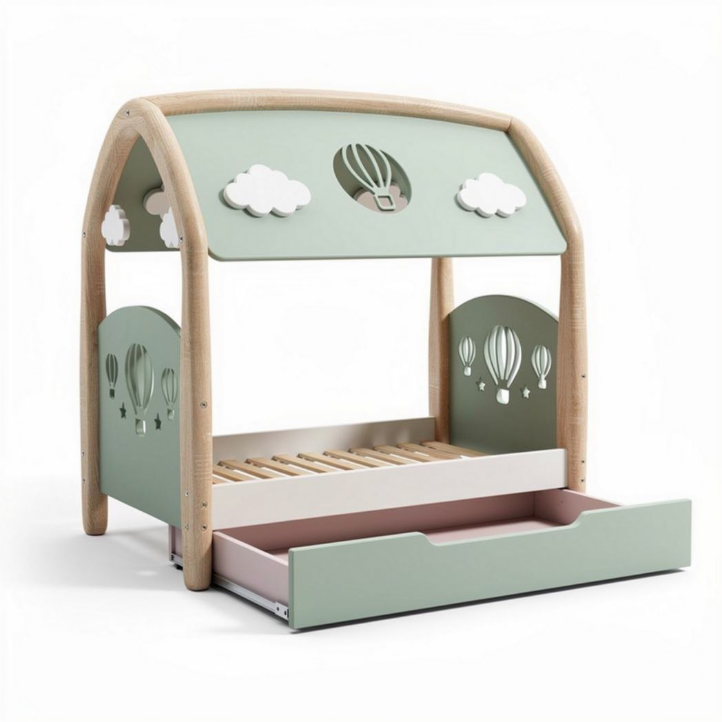 Houten kinderbed met opberglade in luchtballon thema mintgroen 120 x 70 x 90cm