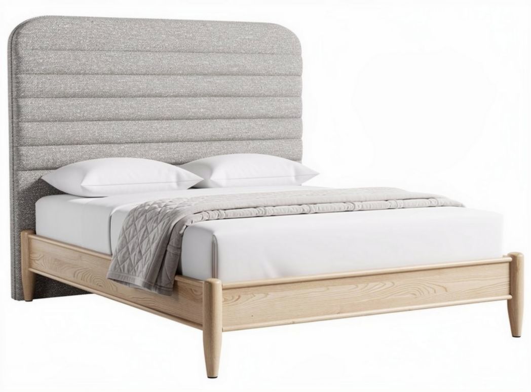Bed met stoffen hoofdbord en houten frame 200 x 160 x 100cm beige