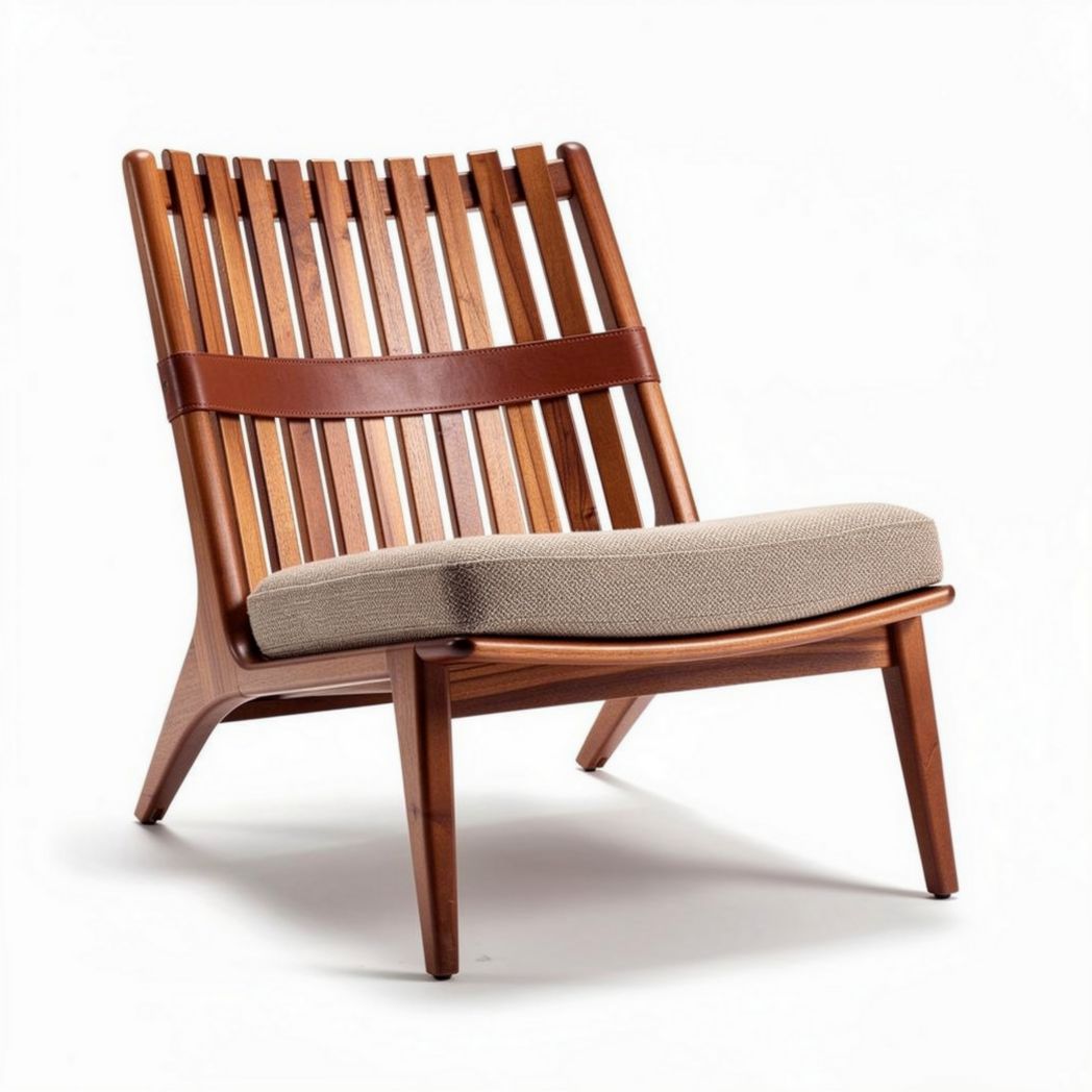 Houten fauteuil met stoffen zitting en leren banden 80 x 70 x 85cm