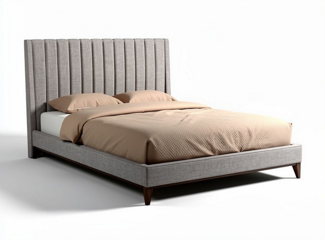 Bed met gestreepte achterwand 200 x 160 x 30cm in lichtgrijze stof
