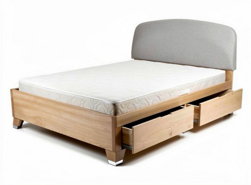 Houten bed met opberglades en stoffen hoofdbord 200 x 160 x 100cm