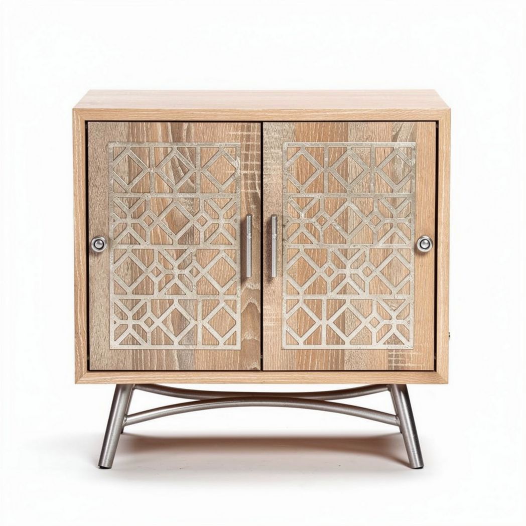 Houten kast met metalen deuren in geometrisch patroon 60 x 40 x 80cm