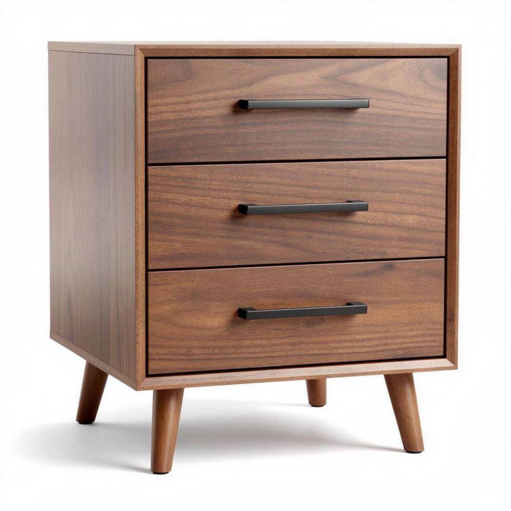 houten nachtkastje met drie lades en zwart metalen handgrepen 50 x 40 x 60cm
